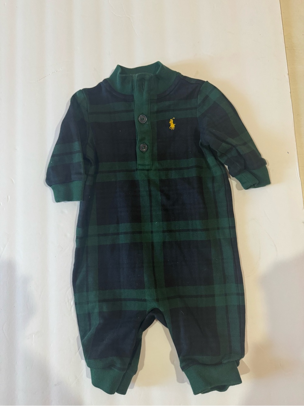 Ralph Lauren Green & Navy Plaid Cotton Footie with Yellow Pony